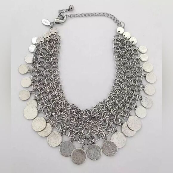 Chico Silver Tone Chainmail Disc  Statement Necklace Nickel Free 12"-16" NWOT - Picture 1 of 3